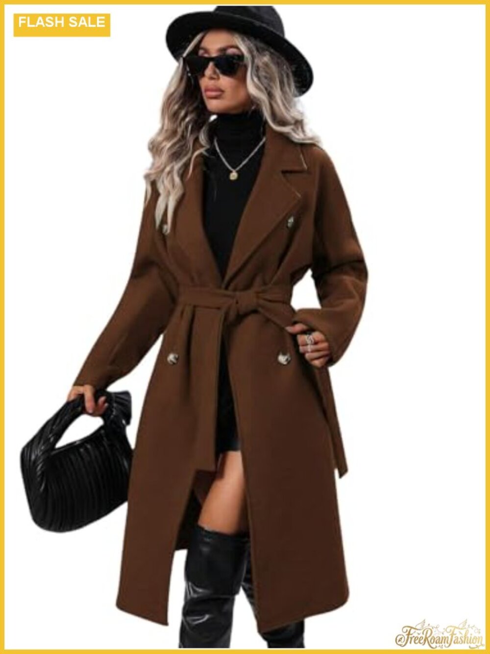 Women's Long Wool Pea Coat Double Breasted Notched Lapel Trench Overcoat with